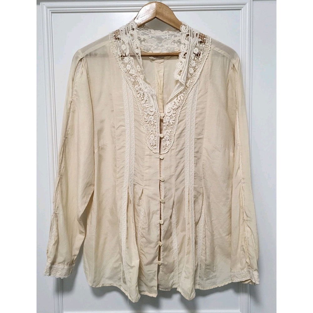 Ivory Cream Silk Blend Pleated Lace Trim Cottage Boho Long Sleeve Blouse 1X